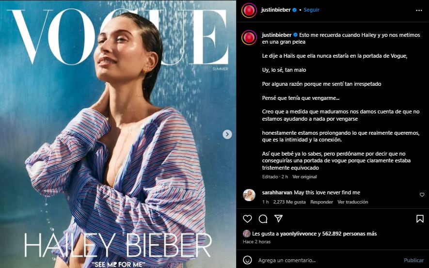 Bieber eliminó mensaje sobre portada Vogue de Hailey donde reveló pelea y predicción equivocada sobre su carrera editorial (Instagram/Justin Bieber)