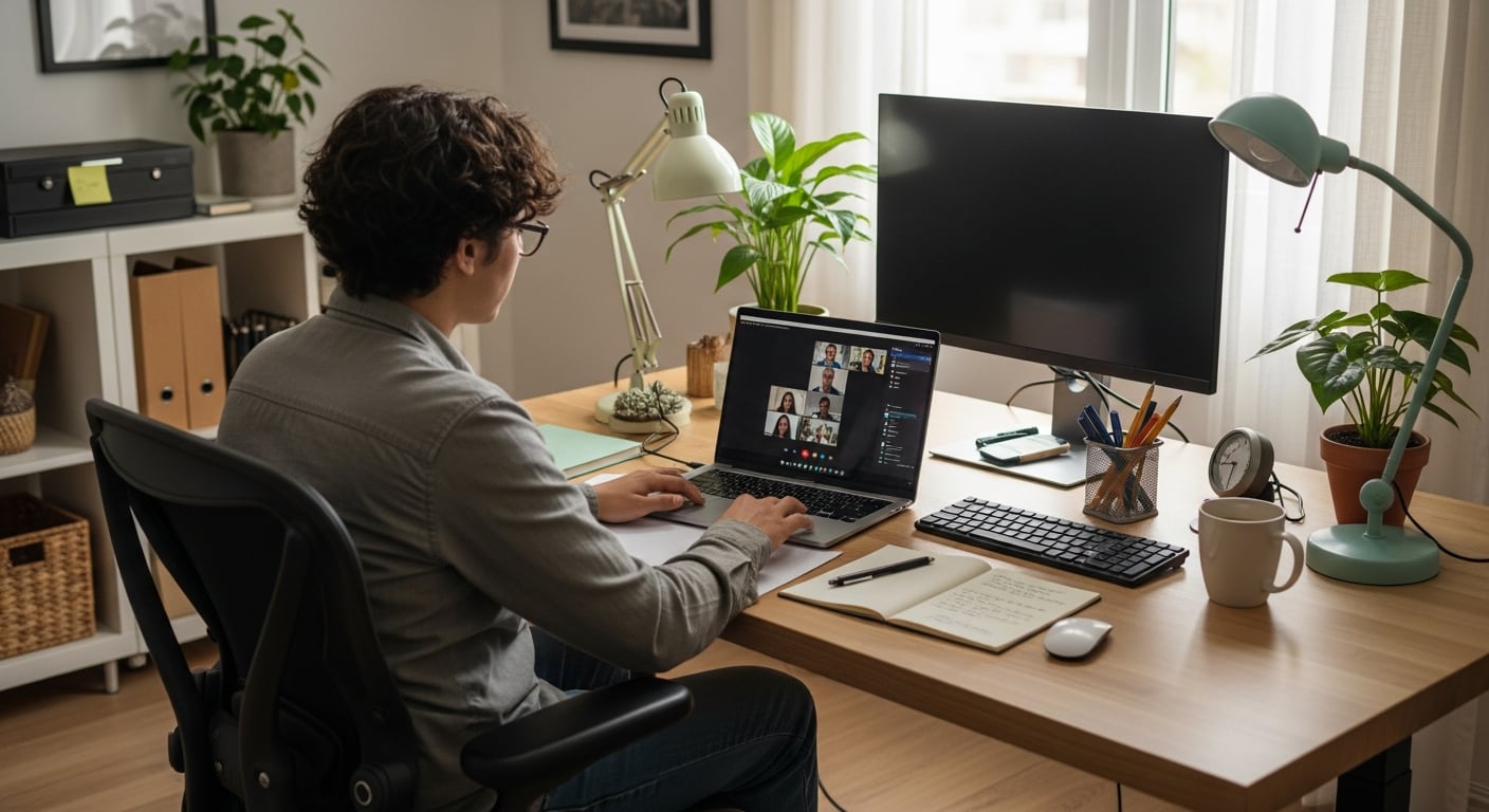 Un joven trabaja desde casa, participando en una videoconferencia a través de su laptop, rodeado de un ambiente de oficina doméstico bien organizado. (Imagen Ilustrativa Infobae)