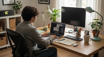 Joven con gafas y camisa gris sentado en un escritorio de madera usando un portátil para una videoconferencia, con un monitor y plantas en el fondo.