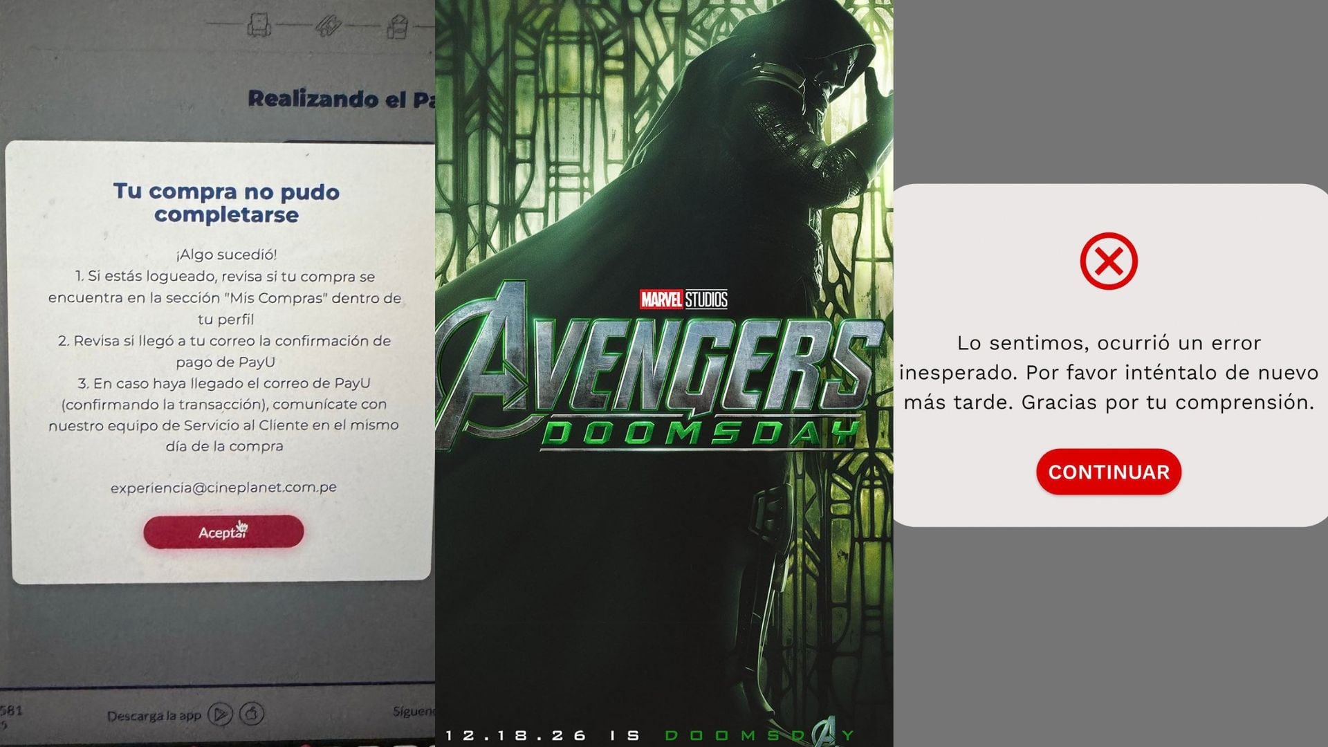 Los mensajes de error en los sitios web de Cineplanet y Cinemark registran las fallas en el sistema durante la preventa de entradas para la película Avengers Doomsday.