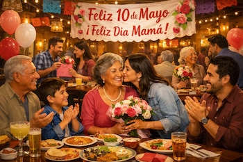Una familia celebra el Día de la Madre en un restaurante. Una hija besa a su madre, que sostiene un ramo. Hay un banner de "Feliz 10 de Mayo" y comida en la mesa.