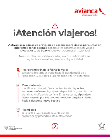 Avianca habilitó cambios, reembolsos y reprogramaciones por 15 días para pasajeros con vuelos nacionales afectados por el sismo en Colombia - crédito Latam