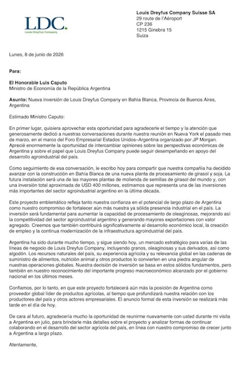 Caputo publicó en su cuenta de X la carta que envió LDC desde su casa matriz en Suiza