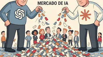 Caricatura de dos figuras gigantes arrojando etiquetas de precios sobre un grupo de personas pequeñas, bajo el texto Mercado de IA.