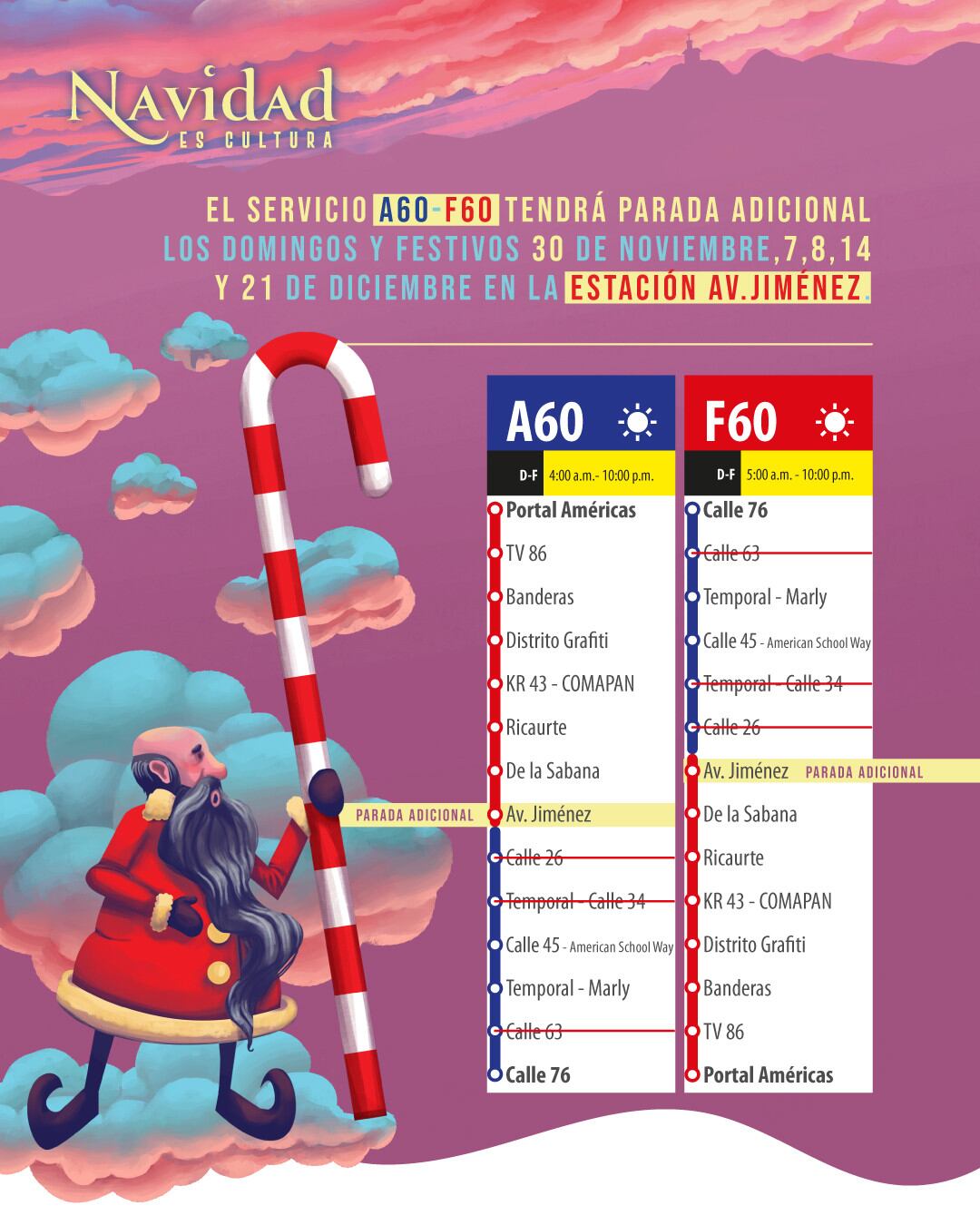 Las rutas troncales A60 y F60 suman parada en avenida Jiménez los días clave de la temporada navideña en Bogotá - crédito TransMilenio S.A.