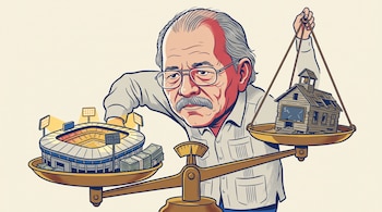 Caricatura de Daniel Ortega junto a una balanza con un estadio de fútbol y billetes en un plato inclinado y una escuela de madera en el otro.