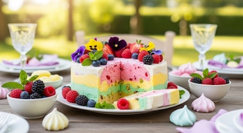 Pastel helado de tres capas de colores (rosa, amarillo, verde) con una porción cortada, decorado con bayas frescas y flores, servido en una mesa de madera.