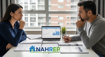 Una pareja hispana genérica sentada frente a una laptop con gráficos de precios de casas y autos. Sobre la mesa, documentos de hipoteca, catálogos y el logo de NAHREP.