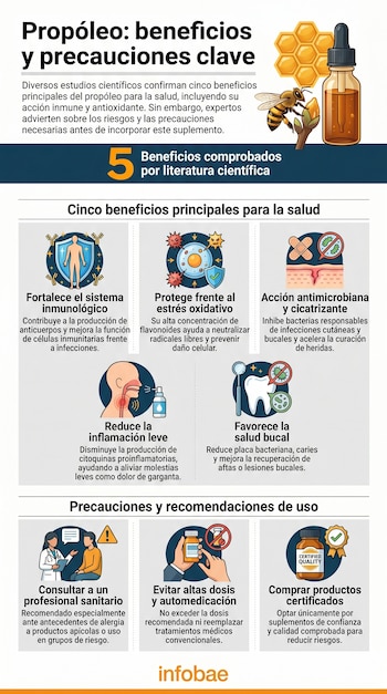 Infografía del propóleo: muestra una abeja, panal, frasco gotero, cinco beneficios para la salud y tres recomendaciones de uso.