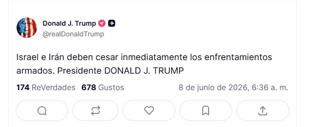 En un mensaje a través de Truth Social, Donald Trump llamó a Israel e Irán a cesar inmediatamente los enfrentamientos.