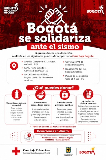 Bogotá habilitó seis centros de acopio de la Cruz Roja para recibir donaciones como agua, alimentos no perecederos, cobijas, colchonetas y suministros de primeros auxilios - crédito @CarlosFGalan / X