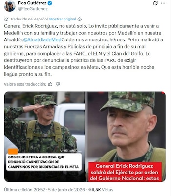 El mandatario local dijo que pretende sumar la experiencia del oficial a tareas de orden público en la ciudad y brindar respaldo a su núcleo familiar, tras su salida de las Fuerzas Militares - crédito captura de pantalla @FicoGutierrez / X