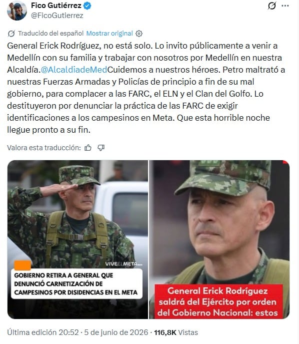 El mandatario local dijo que pretende sumar la experiencia del oficial a tareas de orden público en la ciudad y brindar respaldo a su núcleo familiar, tras su salida de las Fuerzas Militares - crédito captura de pantalla @FicoGutierrez / X