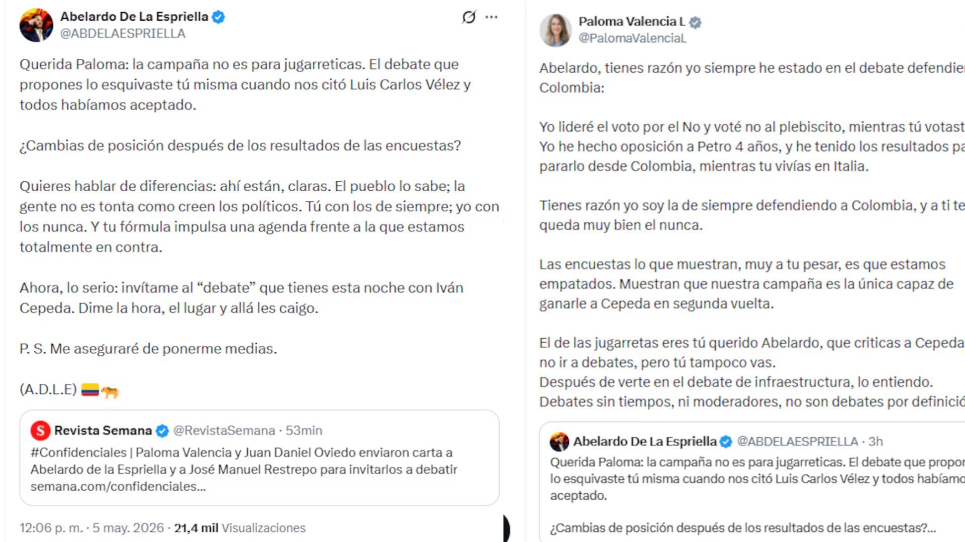 Rifirrafe entre Abelardo de la Espriella y Paloma Valencia por debates presidenciales - crédito @ABDELAESPRIELLA/X - @PalomaValenciaL/X