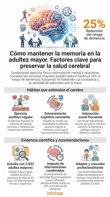 Infografía con un cerebro humano, figuras de personas corriendo, jugando ajedrez y conversando, iconos relacionados con hábitos y evidencia científica.