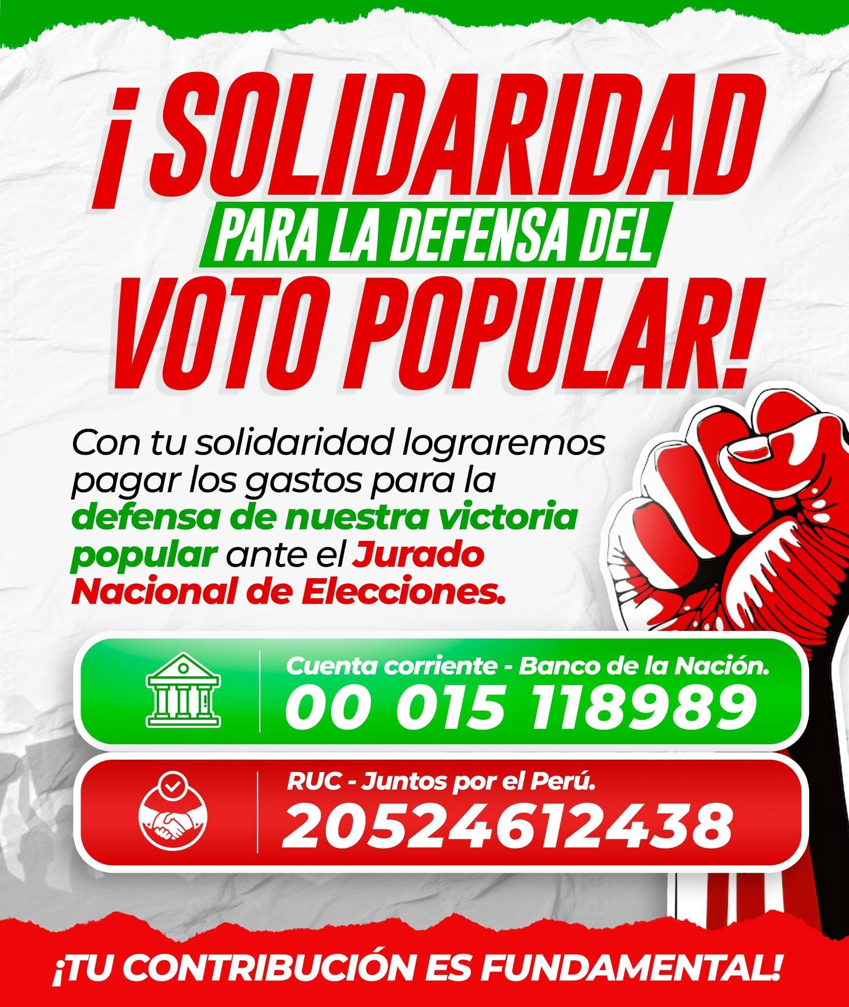 Juntos por el Perú recauda fondos para cubrir gastos de impugnación de actas ante el Jurado Nacional de Elecciones, buscando defender la victoria popular. (Foto: Juntos por el Perú)