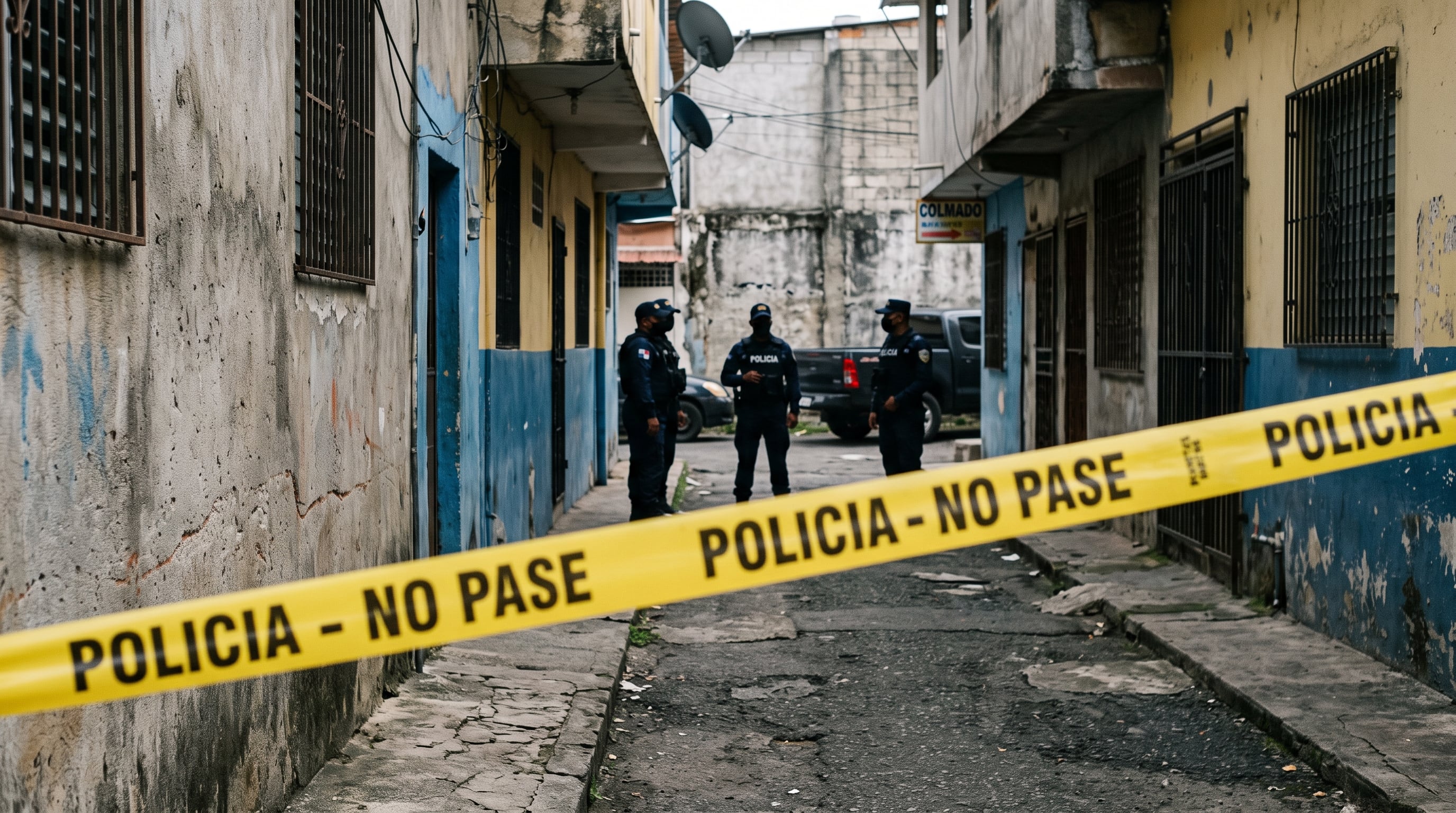 Tres agentes de la Policía Nacional de Panamá resguardan una zona acordonada con cinta amarilla de seguridad en un callejón urbano. (Imagen Ilustrativa Infobae)