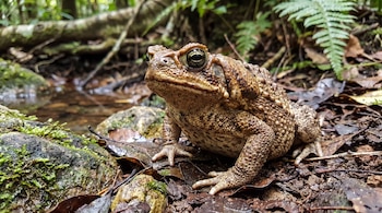 Un sapo marrón de piel rugosa sobre la hojarasca húmeda del suelo, rodeado de rocas con musgo y helechos.