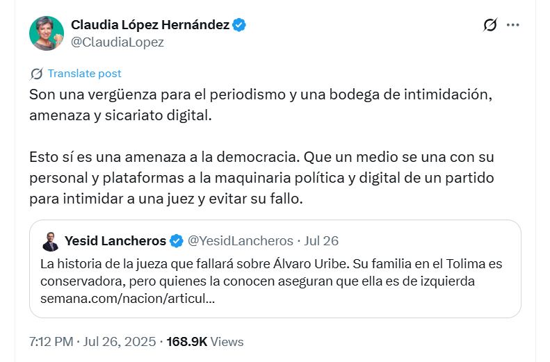 La exalcaldesa de Bogotá cuestionó informe periodístico sobre la jueza del caso Uribe - crédito @ClaudiaLopez/X