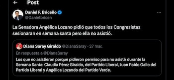Daniel Briceño dice que Angélica Lozano no asistió al Congreso durante Semana Santa - crédito @DanielBricen