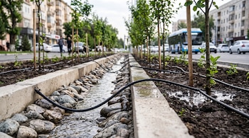 Canal con piedras y agua junto a tierra húmeda con mangueras de riego, árboles jóvenes sujetos a estacas, y una avenida con vehículos al fondo.