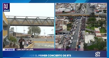 Pantalla dividida con un puente peatonal cubierto con lona a la izquierda y una vista aérea de una multitud en la calle a la derecha