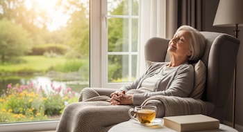 Una mujer mayor de cabello blanco duerme plácidamente en un sillón gris junto a una ventana que da a un jardín soleado. Sobre una mesa hay una taza de té y un libro.