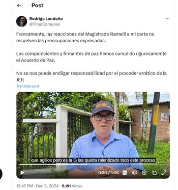 Rodrigo Londoño contesta a la carta de la JEP - crédito @TimoComunes