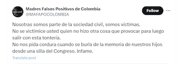 Madres de Soacha acusaron a Miguel Polo Polo de victimizarse - crédito @MAFAPOCOLOMBIA/X