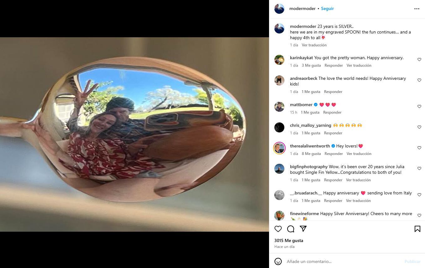 Danny Moder homenajeó el aniversario de bodas con una selfie especial y un mensaje que alude a sus “bodas de plata” (Instagram/@modermoder)