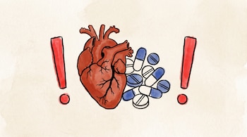Dibujo de un corazón anatómico junto a pastillas y cápsulas azules y blancas, flanqueado por dos signos de exclamación rojos sobre fondo claro.