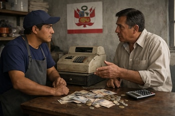 Dos hombres, un trabajador con delantal y gorra, y un empleador, discuten frente a una caja registradora y dinero peruano en un negocio. Al fondo, un escudo peruano.