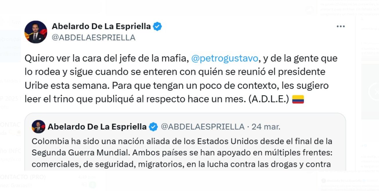 El abogado Abelardo de la Espriella insinuó un encuentro del expresidente Álvaro Uribe con altos perfiles de Estados Unidos - crédito @ABDELAESPRIELLA/X