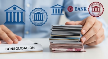 Una mano apila tarjetas de crédito y billetes. Un cuaderno abierto muestra la palabra CONSOLIDACIÓN. Logos de bancos y agencias de cobro se ven desenfocados en el fondo.