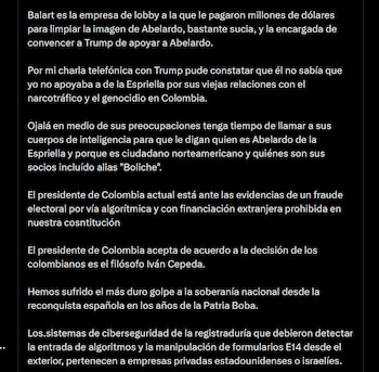 Petro señaló a la firma israelí BlackCube y a la compañía de lobby Balart por una presunta intervención en la alteración electoral y en la imagen pública de De la Espriella - crédito X