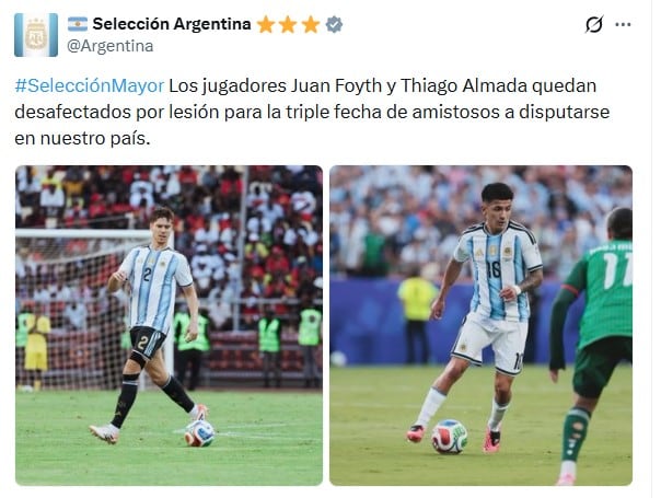El comunicado de la selección argentina tras anunciar las bajas de Thiago Almada y Juan Foyth de la lista de convocados para los amistosos