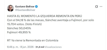 Gustavo Bolívar celebró el avance de la izquierda peruana, pese a que no se dan todos los resultados electorales de Perú - crédito @GustavoBolivar/X