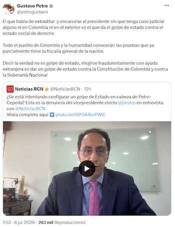 Petro rechazó las versiones sobre su posible extradición y acusó a sus detractores de intentar desestabilizar el orden institucional. - crédito @petrogustavo/X