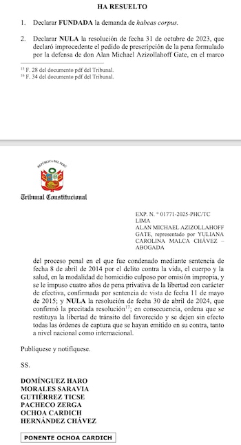 Documento oficial con el escudo de Perú y el texto Tribunal Constitucional. Muestra una resolución judicial sobre un habeas corpus y el nombre Alan Michael Azizollahoff Gate
