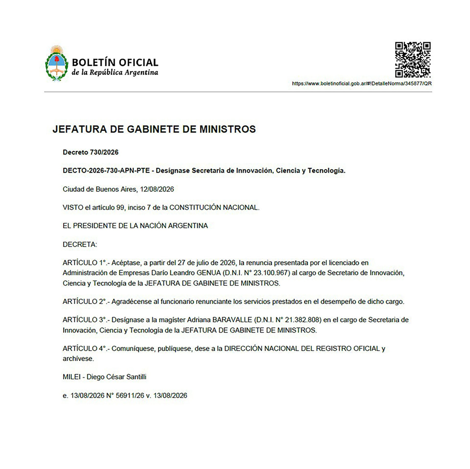 El decreto 730/2026 que establece la designación de Baravalle
