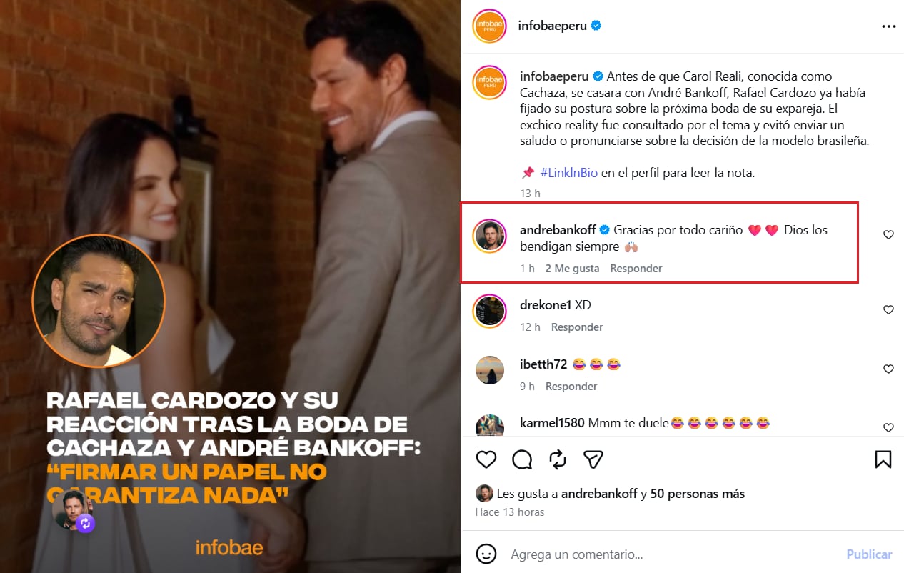 El actor André Bankoff reacciona en redes sociales a una publicación sobre las declaraciones de Rafael Cardozo acerca de su matrimonio con Carol Reali.