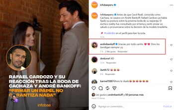 Captura de pantalla de una publicación de redes sociales sobre Carol Reali, André Bankoff y Rafael Cardozo con un comentario resaltado