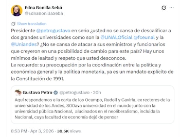 Edna Bonilla afirmó que existen “mínimos de lealtad y respeto” que, según ella, el mandatario desconoce en sus intervenciones públicas - crédito @EdnaBonillaSeba/X