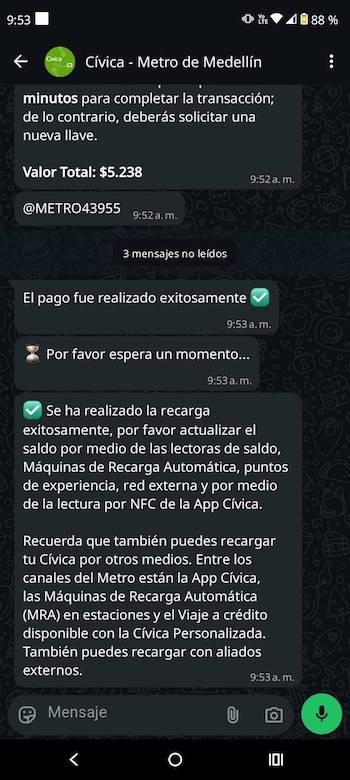 La recarga digital de la tarjeta Cívica está disponible las 24 horas a través de WhatsApp - crédito captura de pantalla