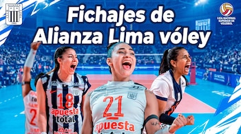 Tres jugadoras de vóley de Alianza Lima en uniformes blancos y azules celebran en la cancha azul, con el texto "Fichajes de Alianza Lima vóley" en la parte superior.