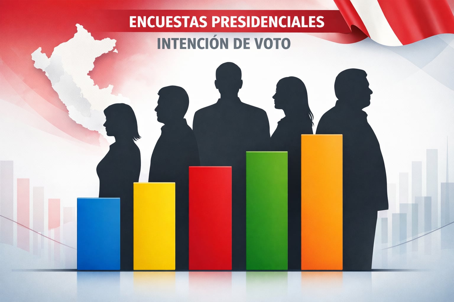 Representación gráfica de las encuestas de intención de voto para las elecciones presidenciales de Perú, mostrando siluetas de candidatos y barras de colores que simbolizan el apoyo electoral en un diseño moderno con el mapa y bandera del país. (Imagen Ilustrativa Infobae)