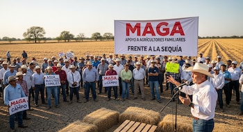 Un orador frente a una multitud de agricultores con sombreros en un campo. Detrás, un cartel grande de MAGA y pequeñas pancartas. El suelo está seco.