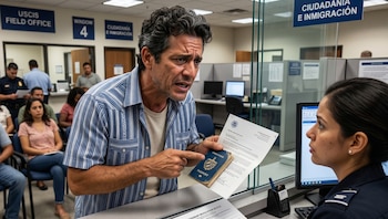 Un hombre cubano con camisa de rayas apunta a su pasaporte y documento mientras habla con una oficial de inmigración en una oficina de USCIS