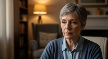 Primer plano de una mujer de unos 65 años con cabello gris y expresión seria, vestida con camisa azul y cárdigan oscuro, sentada en una sala con luz cálida.