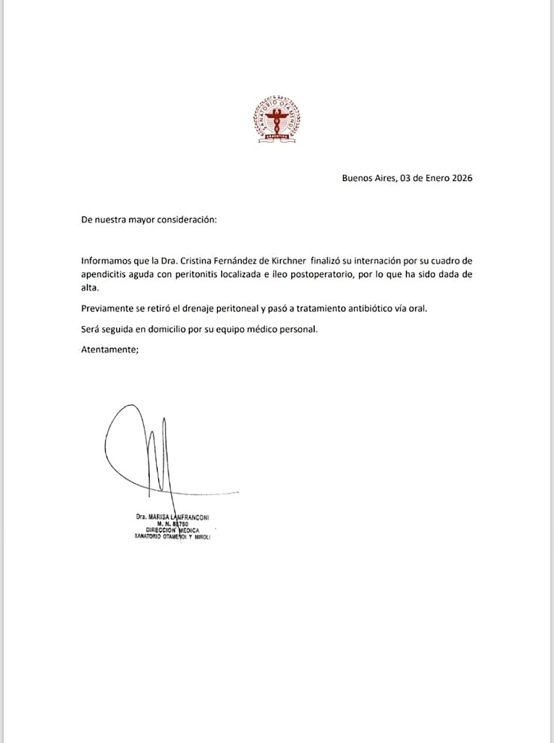 El comunicado del Sanatorio Otamendi sobre el alta médica de Cristina Kirchner